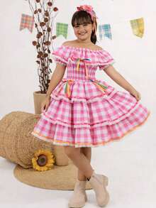 Children's And Teens' Country-Style Dress For June Festivals, Traditional Square Dances, Saint John's Day, Borboletinhas Kids - 粉紅色格子 - 查看 2