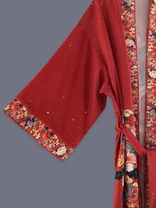 Áo khoác kimono tay lửng kiểu Nhật Bản in họa tiết hoa hồng, mỏng nhẹ, thích hợp mặc đi biển, du lịch, nghỉ dưỡng, áo choàng nhẹ, áo choàng tắm, thắt dây màu đỏ. - Đỏ - Xem 5