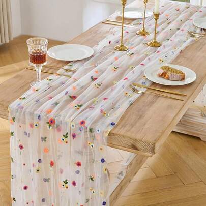 1pc Daisy Embroidered Sheer Table Runner/Flag, Floral Seasonal Lightweight Fabric, Holiday Birthday Kitchen Dining Table Decor For Home Party