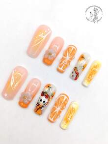 10 Pieces Of Pure Hand-Pressed Wearable Nail, 33mm Length Spring Cartoon Nail, Pink Nail, Orange Nail, Cartoon Cat Pattern, Three-Dimensional Raised White Flowers, Fruit Slice Modeling, Fruit Nail, White Line, Starlight Modeling. Cute Nail Piece. - Multicolor - View 3