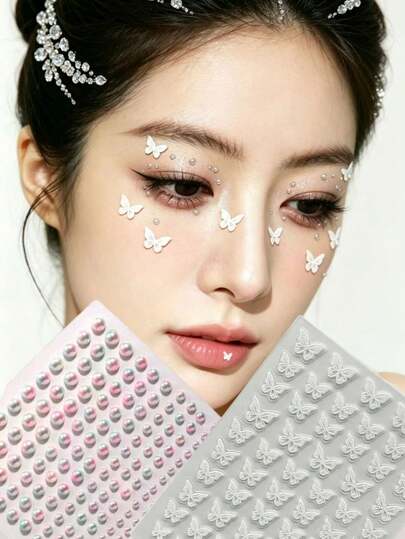 1片甜美女孩3D蝴蝶脸贴，美人鱼圆形珠子脸部水钻贴纸，摄影氛围妆容配饰，汉服妆容脸部水钻装饰，创意妆容造型装饰工具