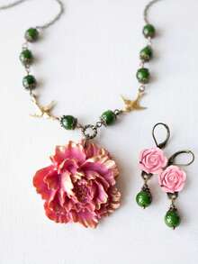 3pcs Elegant Bird & Rose Jewelry Set, Includes Geometric Beaded Chain, Metal Pendant, Earrings, Necklace, Suitable For Women's Daily, Party, Banquet, Date Wear, Valentine's Day Gift, Jewelry Gift, Daily Gifting - Multicolor - View 2