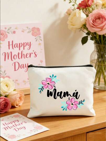 1 pieza Bolsa de cosméticos con tema del Día de la Madre, bolsa de maquillaje para mamá con texto "Mamá" y patrón floral, regalo del Día de la Madre, bolsa de viaje/almacenamiento multifuncional o de uso diario de gran capacidad para mujeres, bolsa de maquillaje plegable y portátil para almacenamiento DIY
