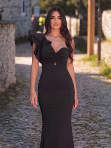 Faeriesty Vestido largo de mujer elegante y romántico de tela de punto morada sin mangas con cuello asimétrico y detalle de volante exagerado en estilo de cola de sirena - Negro - Ver 4