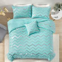 3-Piece Glitter Metallic Aqua Comforter Set Twin Size- Silver Geometric Wavy Striped Metallic Foil Print, Soft Microfiber All-Season Comforter(68"X 90") With 1 Pillowcase, 1 Decorative Pillow Sham, Perfect For Teen Girls And Boys, Women.Room Decor & Wedding Decoration Bed Comforter Set. - Nước - Xem 13