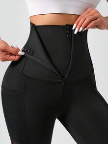 1 chiếc quần yoga cạp cao có khóa kéo, quần legging đạp xe, áo khoác thể thao mùa xuân/hè với các mảng lưới và túi bên hông. - màu đen - Xem 3