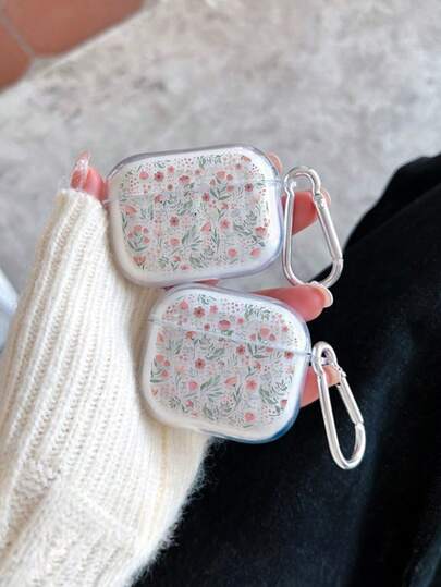 Ditsy Floral Transparent TPU Anti-Drop Protective Case With Carabiner Hook For Earphones