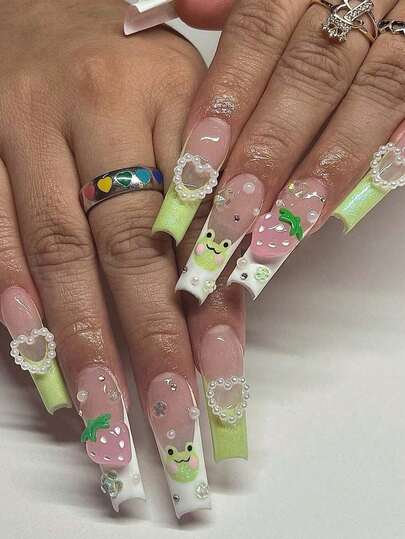 24片法式美甲贴片，长方形，绿白闪光，XXL/XXXL码，青蛙造型，3D草莓爱心水钻，时尚Y2K风格，表面光滑，全覆盖，适合女性和女孩日常佩戴，春夏皆宜。