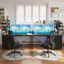 EnHomee Escritorio de ordenador reversible en forma de L con luces LED con control remoto, toma de corriente y 3 cajones de tela, escritorio de esquina para oficina en casa, dormitorio o sala de juegos. - Negro - Ver 9