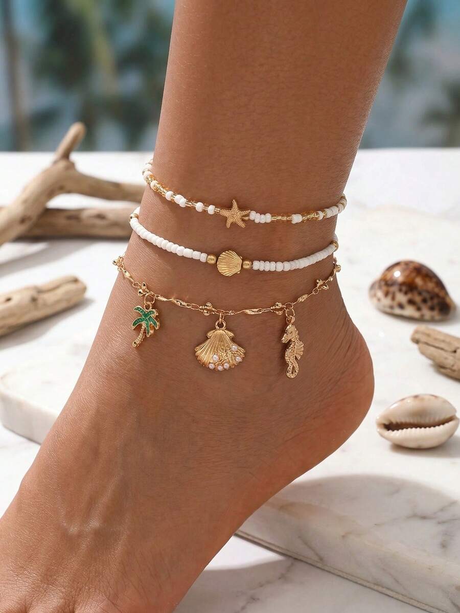 3pcs/Set Summer Beach Vacation Style Rice Bead Gold Anklet, Fashion Popular Coconut Tree Shell Marine Life Multi-Pendant Women's Foot Jewelry, Suitable For Daily Wear And Beach Vacation Travel, Rice Bead Color Is Random And Not Fixed - Multicolor - View 1