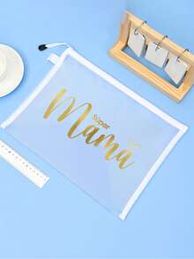 母亲节礼物网眼化妆包，金色字母“Súper Mama”网眼化妆包，创意“Mama”心形印花图案，透明拉链化妆包 - 彩色 - 查看 6