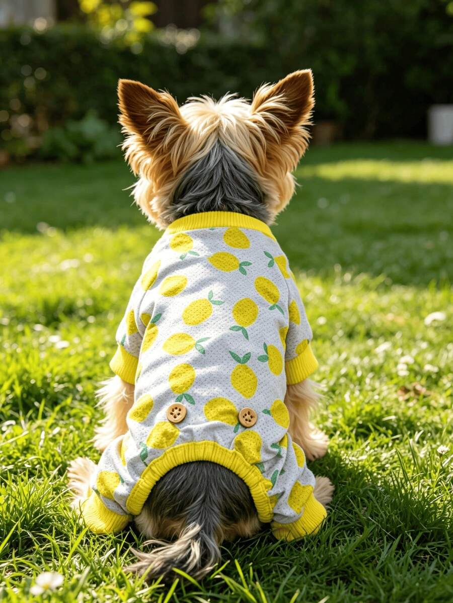 夏季降温狗狗服，可爱柠檬图案网眼宠物服，小型犬弹性腰带睡衣 - 彩色 - 查看 1