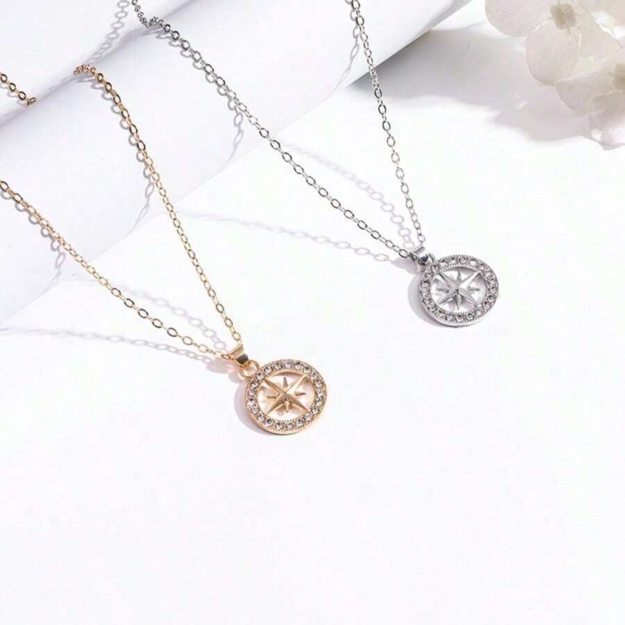 Octagram Compass Rhinestone Necklace, Unique Design Directional Necklace, Couple/Friendship Gift, Meaning Guiding Direction And Protecting Love, Elegant Luxury Daily Accessory