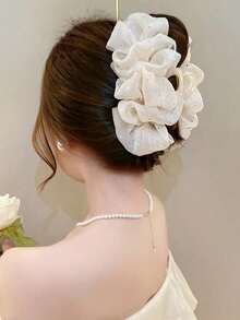 2件/組 女款純色亮面泡泡紗蝴蝶結髮夾，優雅時尚抓夾，適合日常使用 (髮夾 13cm-15cm) - 黑+米 - 查看 4