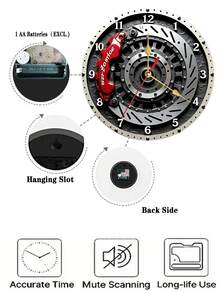 1pc 10/12 Inch Silent Non-Ticking Racing Brake Disc Wall Clock - Modern Racing Decor Style, Red Brake Disc Design, Quartz Movement, Wooden Structure - Suitable For Living Room, Garage, Office, Man Cave - Perfect Gift For Racing Enthusiasts (Requires AA Battery) - Multicolor - View 4