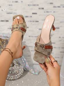 2026 Summer New Vintage Floral Metal Buckle Women's High Heel Sandals, Square Toe Elegant Fashion Office Wear Sandals - Brown - View 6