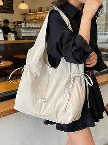 Dedoo Polka Dot Canvas Tote Bag, Large Capacity Foldable Shoulder Bag, Suitable For Students, Ruched Cloud Drawstring Design - White - View 3