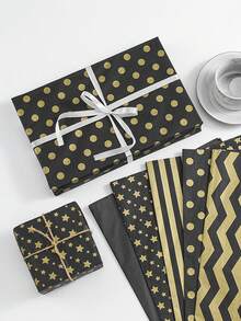 12pcs 35*50cm Black & Gold Gift Wrapping Paper, Polka Dot/Stripe/Snowflake Pattern, Floral Bouquet Packaging, Flower Arrangement Supplies, Gift Wrapping Paper, DIY Gift Packaging And Decoration, Suitable For Graduation Ceremony, Graduation Celebration, Birthday Party, Anniversary, Back To School Season - Multicolor - View 1