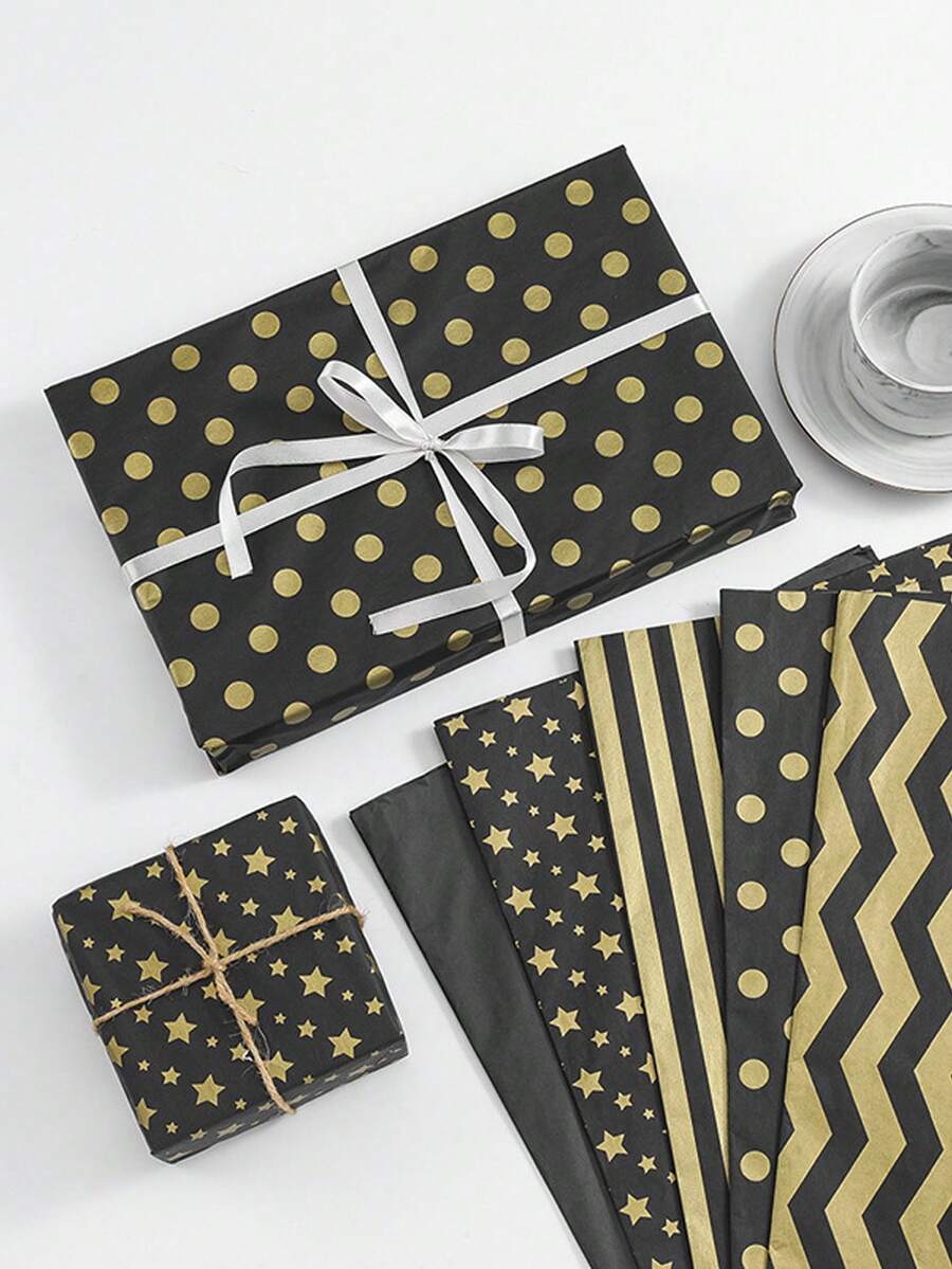 12pcs 35*50cm Black & Gold Gift Wrapping Paper, Polka Dot/Stripe/Snowflake Pattern, Floral Bouquet Packaging, Flower Arrangement Supplies, Gift Wrapping Paper, DIY Gift Packaging And Decoration, Suitable For Graduation Ceremony, Graduation Celebration, Birthday Party, Anniversary, Back To School Season - Multicolor - View 1