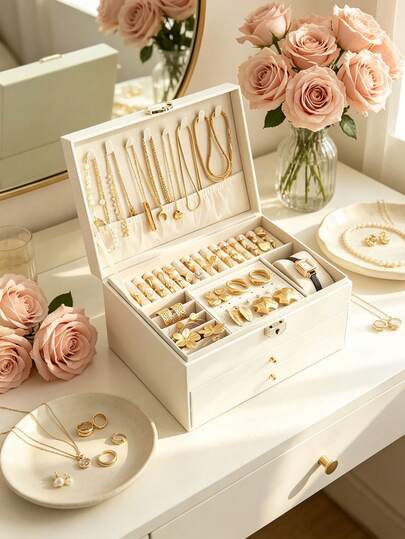 1个菱形PU皮革多层首饰盒，女士/女孩装饰锁首饰盒，豪华大容量首饰收纳盒，可收纳耳环、戒指、手表、项链和手镯，防氧化首饰盒，双层展示架，可展示戒指、耳环、项链，带锁首饰盒，适合存放耳环、戒指、手镯、项链，首饰盒，情人节礼物，返校礼物，新年礼物，圣诞节礼物，生日礼物