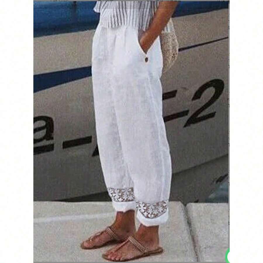Women's Casual Trousers In Woven Cotton-Linen With A Lace Pocket For Autumn - White - View 1