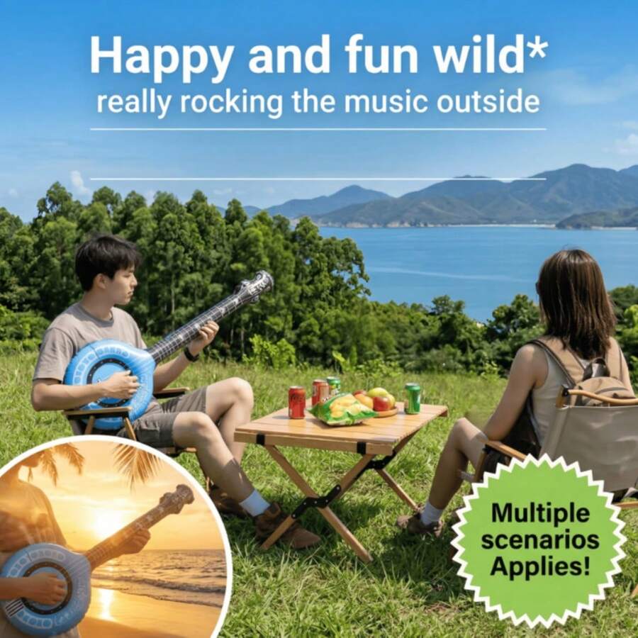 Juguete de banjo inflable, disponible en verde/rojo/azul/amarillo, instrumento inflable con forma realista, estilo hippie retro, adecuado para disfraces de fiesta de música, juegos de roles en vacaciones, decoración de festival de globos inflables, hecho de material de PVC, ligero y plegable, fácil de inflar y desinflar - Color Aleatorio - Ver 1