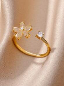 18K Gold Plated Stainless Steel Adjustable Ring With Cute White Agate Flower, Charming Accessory For Party, Vacation, Daily Wear, Gift For Her/Mom/Best Friend - Stainless Steel - View 7