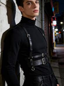 朋克风真皮吊带腰带，哥特式可调节扣腰带，适合角色扮演、主题派对、舞台表演、朋克风装饰 - 黑色 - 查看 4