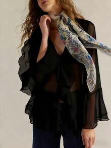 Women's Y2k Ruffled Sheer Chiffon Blouse Flared Long Sleeve V Neck Open Front See Trough Mesh Shirt Top Loose Fit Flowy Coquette Top Streetwear - màu đen - Xem 2
