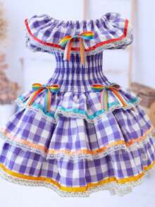 Country Dress For Children, Youth, June Festival, Traditional Square Dance, São João, Butterflies Kids - 淺灰紫 - 查看 1