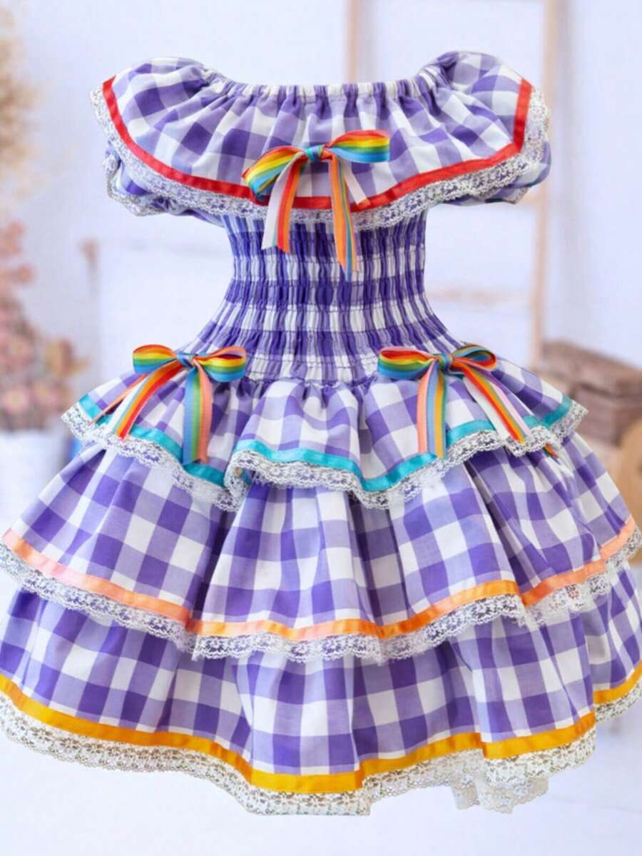 Country Dress For Children, Youth, June Festival, Traditional Square Dance, São João, Butterflies Kids - 淺灰紫 - 查看 1