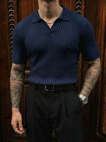 Men's Ribbed Airplane Collar Polo Knit Shirt, Short Sleeve, Summer Fashion - Navy Blue - View 4