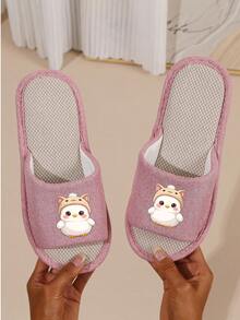 New Animal Open-Toe Linen Slippers, Spring/Autumn Household Slippers, Solid Color Cute Fabric Slippers, Non-Slip Breathable Unisex Slippers - Pink - View 4