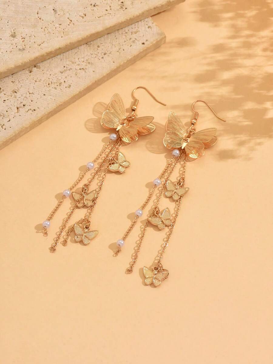 1 Paar süße Schmetterling & Kunstperle Quasten Hängeohrringe, modische Ohrringe für Frauen geeignet für Ausflüge, Urlaub, Partys und den täglichen Gebrauch - Gold - Übersicht 1