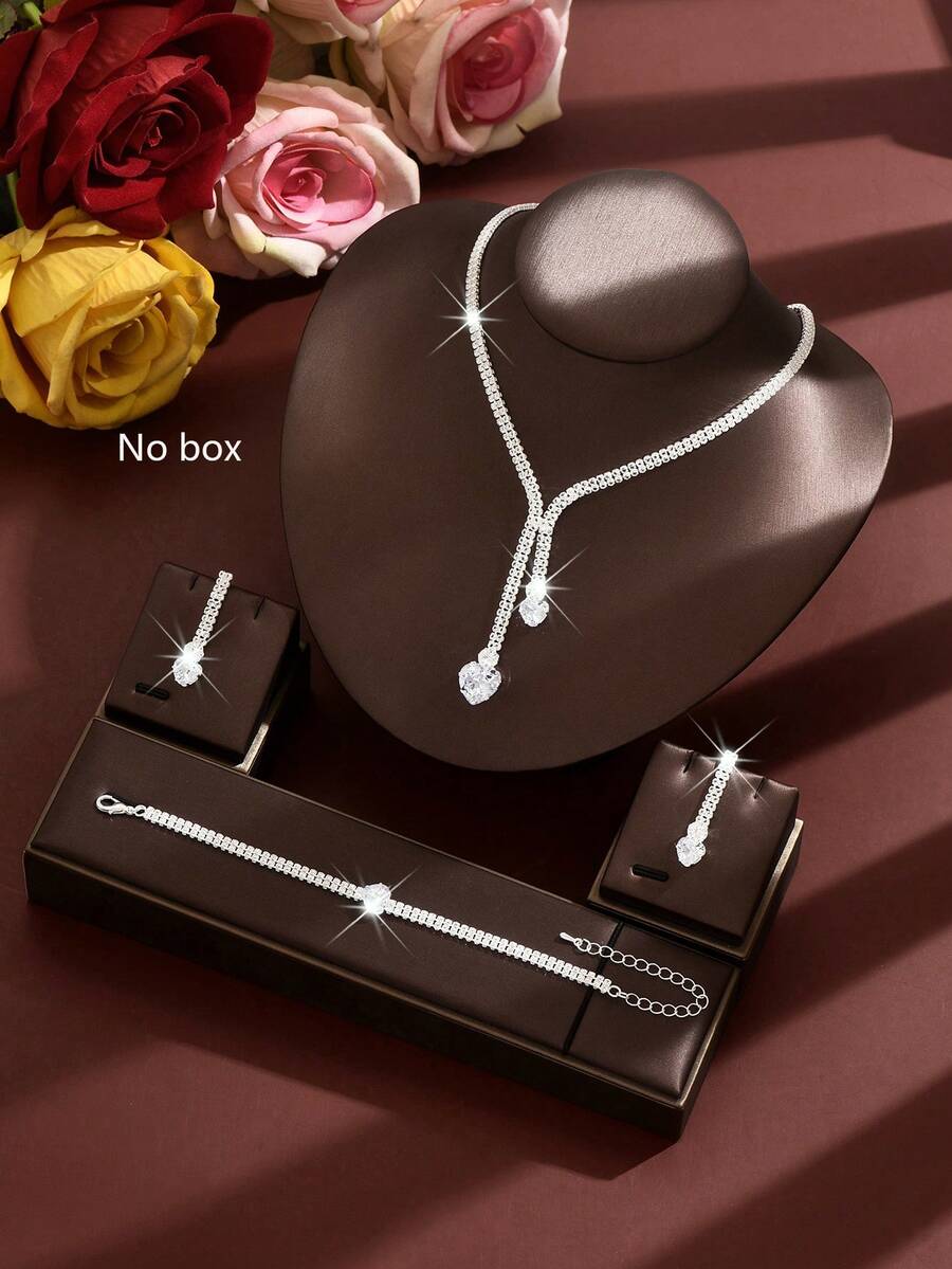 4件套女士心形吊坠首饰套装，包括Y型项链、耳环和手链，铜质材料，适合作为新娘礼物、结婚纪念日礼物、情人节礼物、母亲节礼物。 - 銀色 - 查看 1