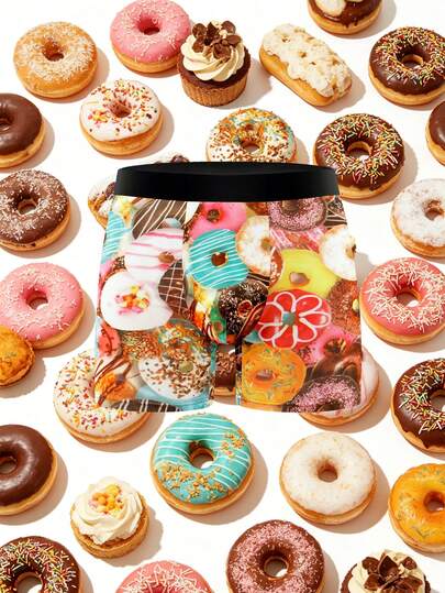 1 pieza Ropa interior larga con estampado de donut para hombres, de estilo plano con esquinas redondeadas, ligera y suave. Diseño de estampado de moda, adecuada para uso casual diario en el hogar. Ropa interior para hombres para deportes al aire libre y ejercicios de fitness.