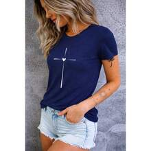 Women's Comfortable Cotton T-Shirt With Delicate Heart Cross Design - 藏蓝色 - 查看 3