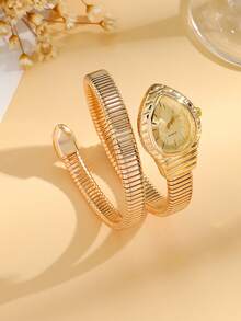 Gold Snake-Shaped Stretch Bracelet Watch With Crystal Accents, Teardrop Dial, Y2K Retro Statement Accessory 1pc/Set - Gold - View 3