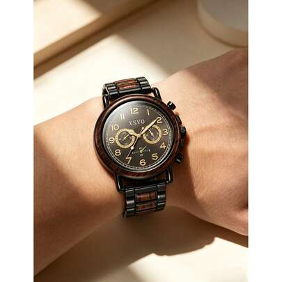 Đồng hồ bấm giờ thạch anh cao cấp XSVO, dây thép vân gỗ, đa chức năng, thích hợp cho thanh thiếu niên, quà tặng hàng ngày (1 chiếc/bộ).