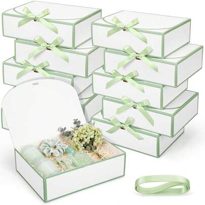 Hộp quà cầu hôn phù dâu kèm ruy băng, kích thước 10.6 x 8 x 3.15 inch, hộp quà giấy có nắp đậy dùng cho đám cưới, tiệc mừng em bé, sinh nhật (Trắng, Xanh lá cây nhạt)