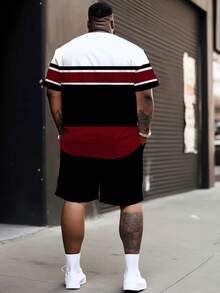 2-delat set för herrar i plus size, röd- och vitrandigt med korta ärmar, klassisk kontrastfärgad randig patchwork och PARIS-bokstavslogotyp, BIG&TALL, sommar - Multifärgad - Visa 2