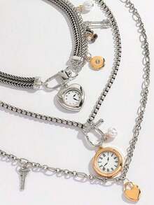 3pcs Vintage Heart-Shaped Clock Dial Pendant Necklace Set, Elegant Chain Necklace, Suitable For Daily Wear, Holiday Party Gift, Christmas Gift - Dây chuyền đồng hồ - Xem 3
