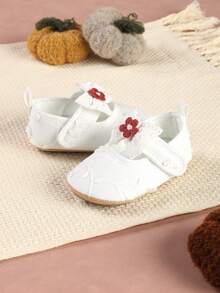 1 Pair Girls Lace Flower Bow Hook And Loop Closure Round Toe Flat Shoes, Cute & Versatile, Suitable For Spring & Autumn - White - View 4
