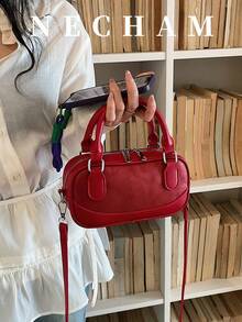 1pc Vintage Oiled Leather Bowling Bag, Double Zipper Design, Crossbody Shoulder Bag For Commuting - Red - View 7