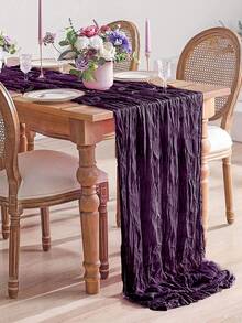 5pcs Deep Purple Chiffon Ruffle Design Table Runners, Solid Color Tablecloths, Suitable For Graduation Celebration, Birthday Party Decoration, Wedding Accessories, Holiday Home Party Table Decor, Baby Shower, Bridal Shower Tablecloth, Banquet Party Table Flags, Cheese Cloth Table Flags, Table Decor - Dark Purple - View 8