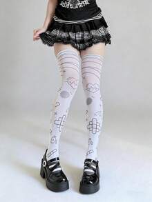 1双夏季日系亚文化甜美可爱白色长筒袜，卡通动漫印花过膝/及膝天鹅绒袜，软妹萝莉角色扮演紧身裤 - 彩色 - 查看 5