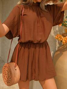 Đầm phồng xếp ly cổ cao tay cánh dơi dáng suông có lớp lót, hàng mới về mùa Xuân/Hè dành cho nữ - màu nâu - Xem 1