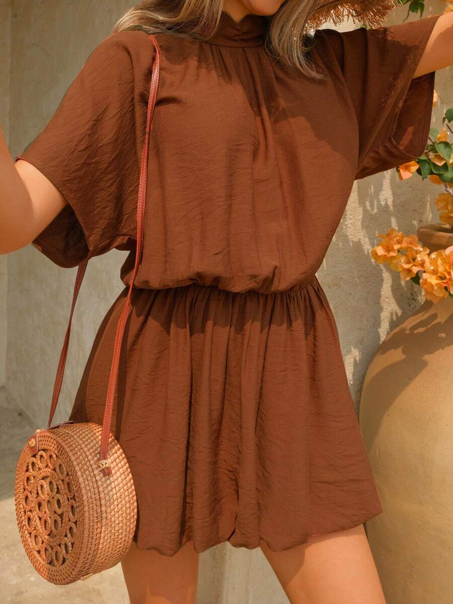 Đầm phồng xếp ly cổ cao tay cánh dơi dáng suông có lớp lót, hàng mới về mùa Xuân/Hè dành cho nữ - màu nâu - Xem 1