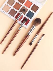 5pcs Reddish Brown Handle Makeup Brushes Set - Large Powder Brush + Eyeshadow Brush + Eyebrow Brush + Detail Brush, Full Eye Makeup Tools - Redwood - View 3