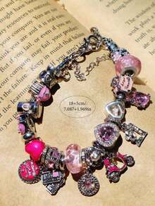 1pc Adorable Sparkling Zirconia Heart Charm Bracelet, Pink Glass Beaded Bracelet, Sweet Donut & Tram Number 21 Pendant DIY Bracelet, High-Quality Flirty Style Bracelet Gift For Friends - 銀色 - 查看 6